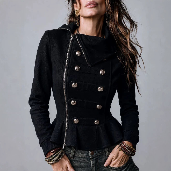 Women's Retro Solid Color Asymmetric Button Placket Ruffle Jacket