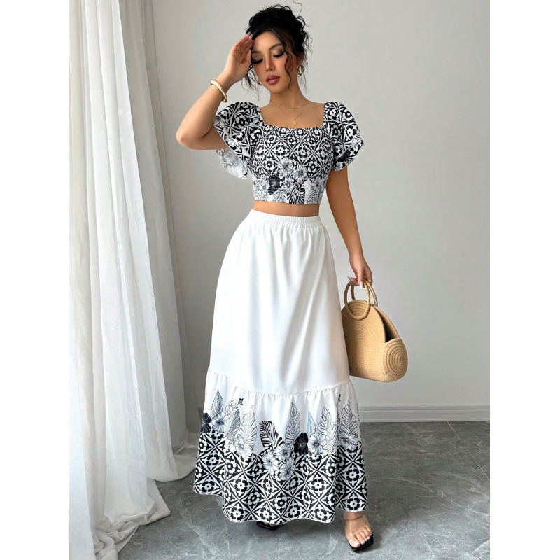 Women's Summer Floral Print A-Line Two-Piece Skirt Set