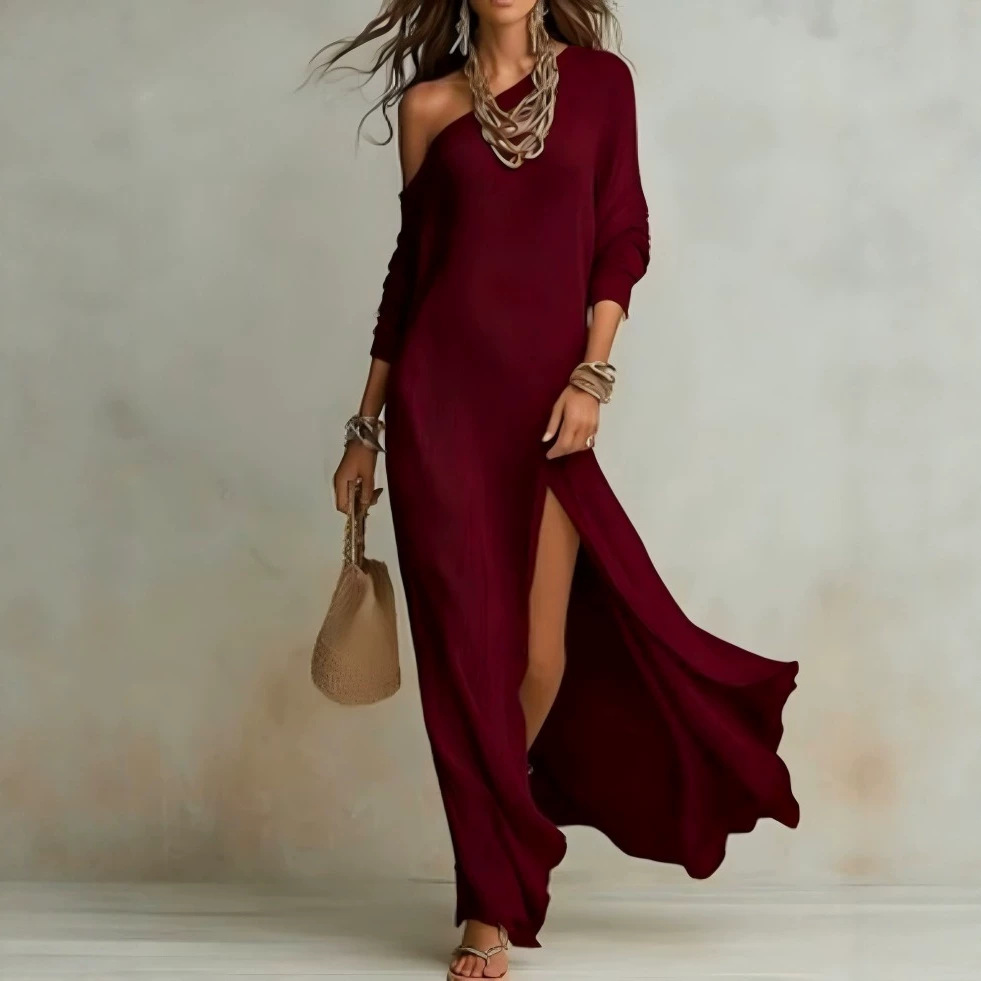 Elegant Long Sleeve Knit Pleated Slit Sweater Dress