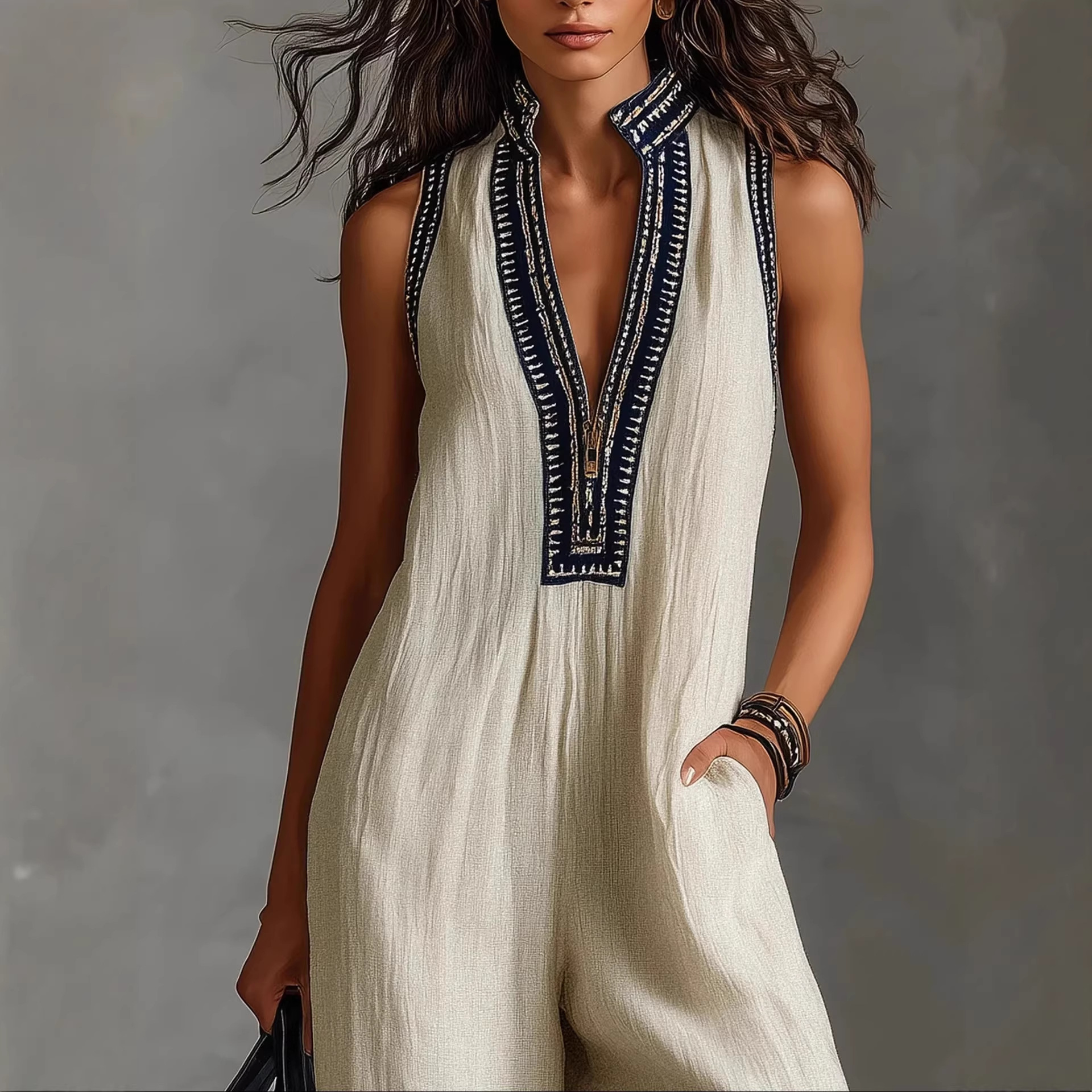 Women's Linen-Blend Sleeveless Zip-Front Jumpsuit