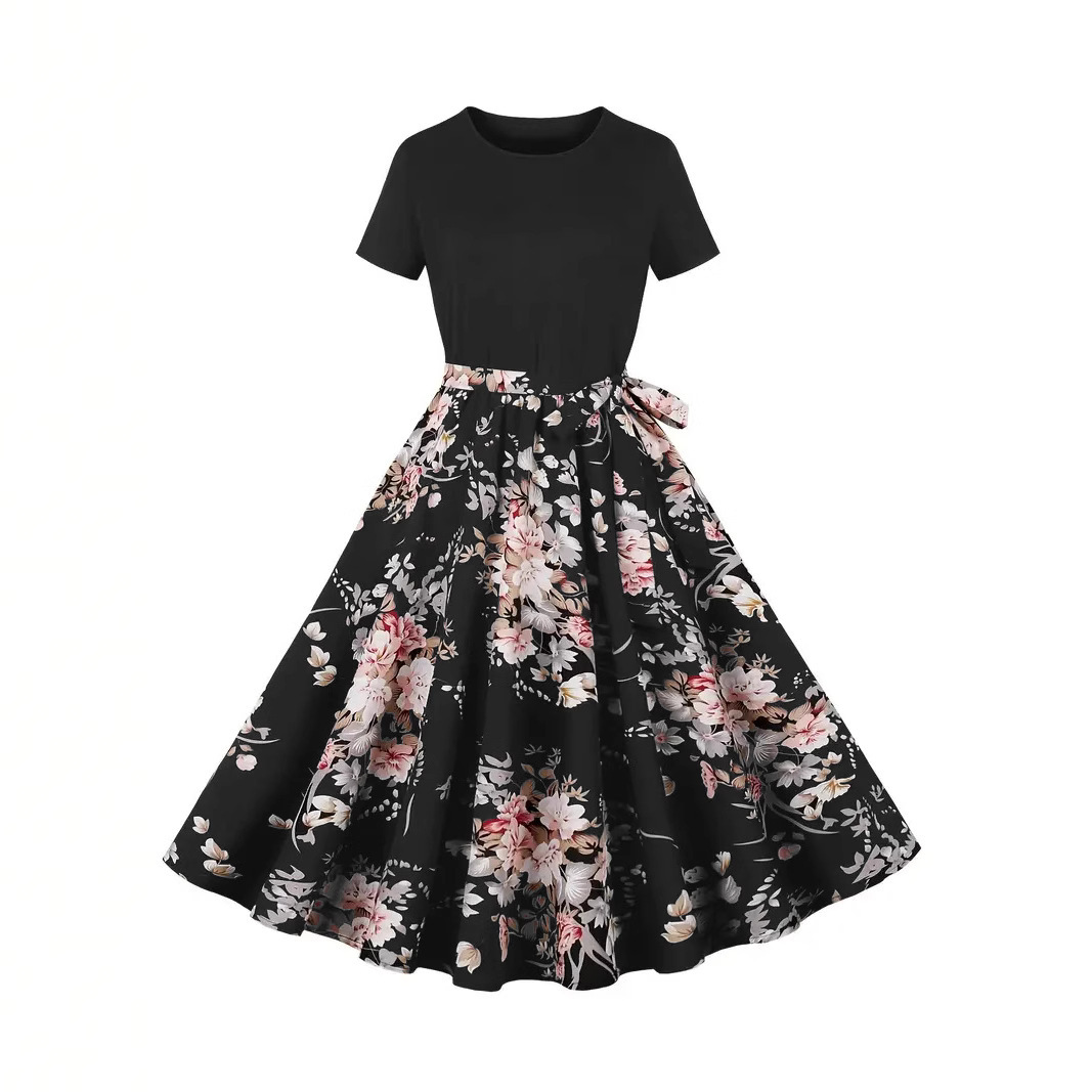 Women's Vintage Patchwork Midi Dress with Print, Round Neck Short Sleeve