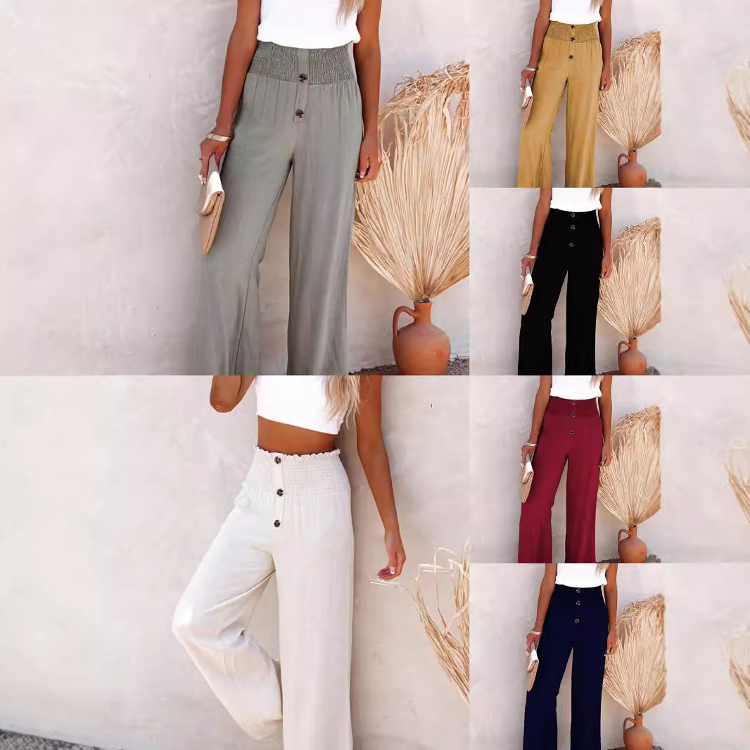 Women's Cotton Linen Wide Leg Pants High Waist Loose Casual