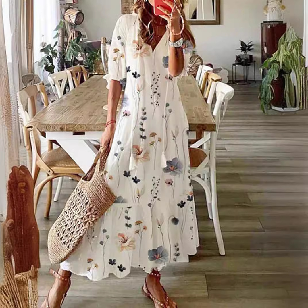 V-Neck Floral Print Midi Sleeve Long Dress with Tassels