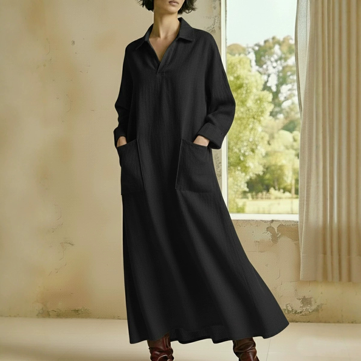 Solid Color Polo Collar Double Pocket Long Sleeve A-Line Maxi Dress