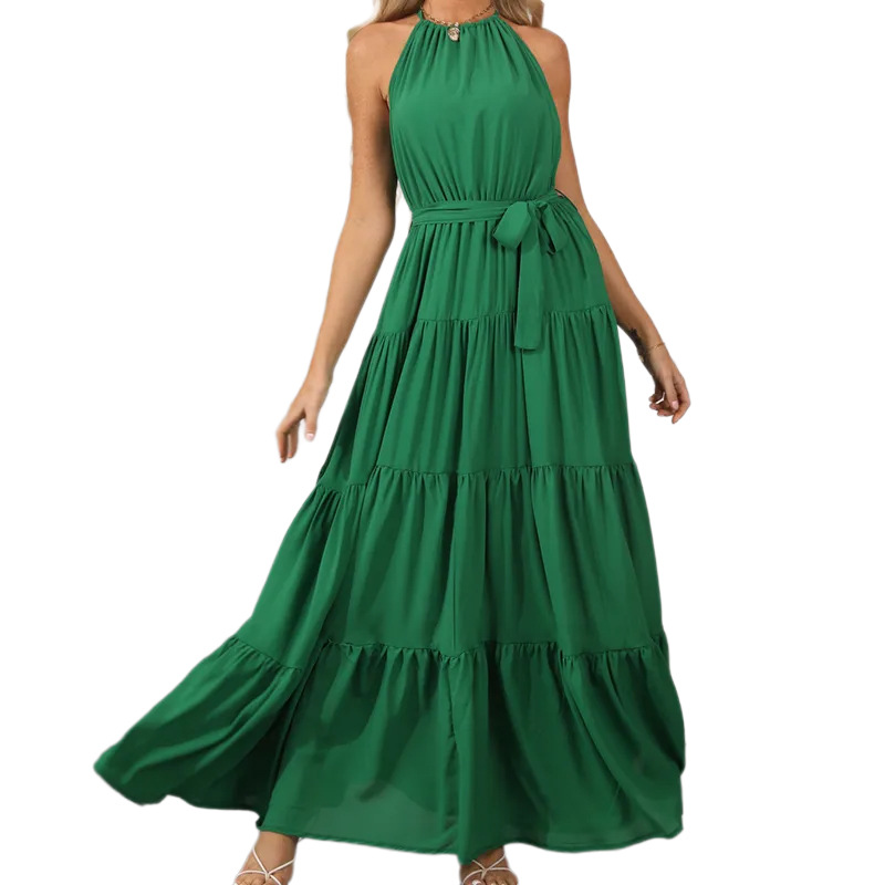 Women's Halter Neck Sleeveless High Waist Maxi Dress with Flowy Skirt