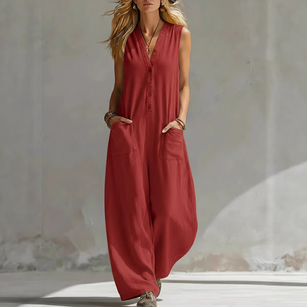 Women's Sleeveless Linen-Cotton Wide-Leg Jumpsuit