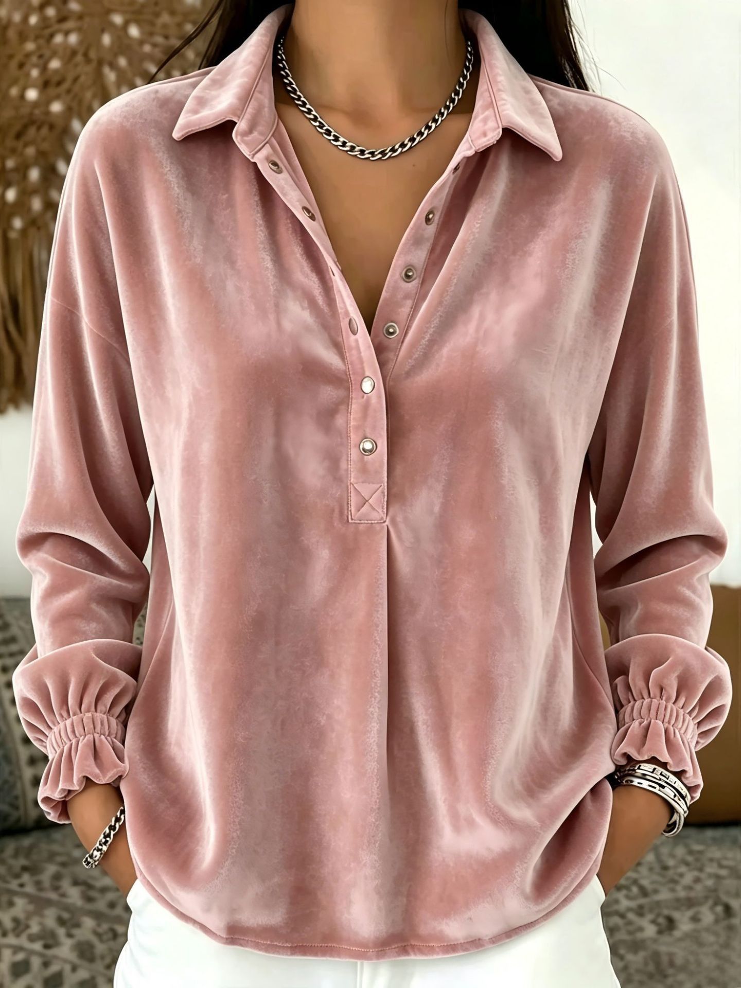 Velvet Button-Front Polo Sweatshirt Long-Sleeve Loose Fit Top