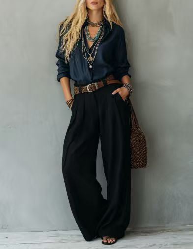 Women's Cotton-Linen Long-Sleeve Casual Pants Set with Shirt, Color-Block, No Belt