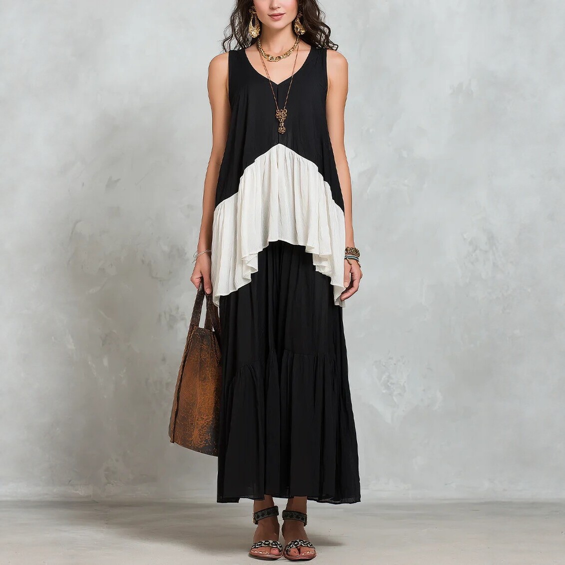 Retro Color-Block V-Neck Sleeveless Top and Flared Maxi Skirt Two-Piece Set