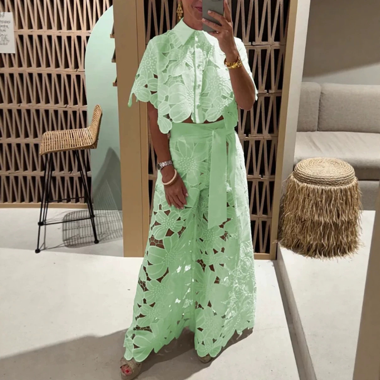 Women's Solid Color Cutout Cardigan & Wide-Leg Pants Two-Piece Set