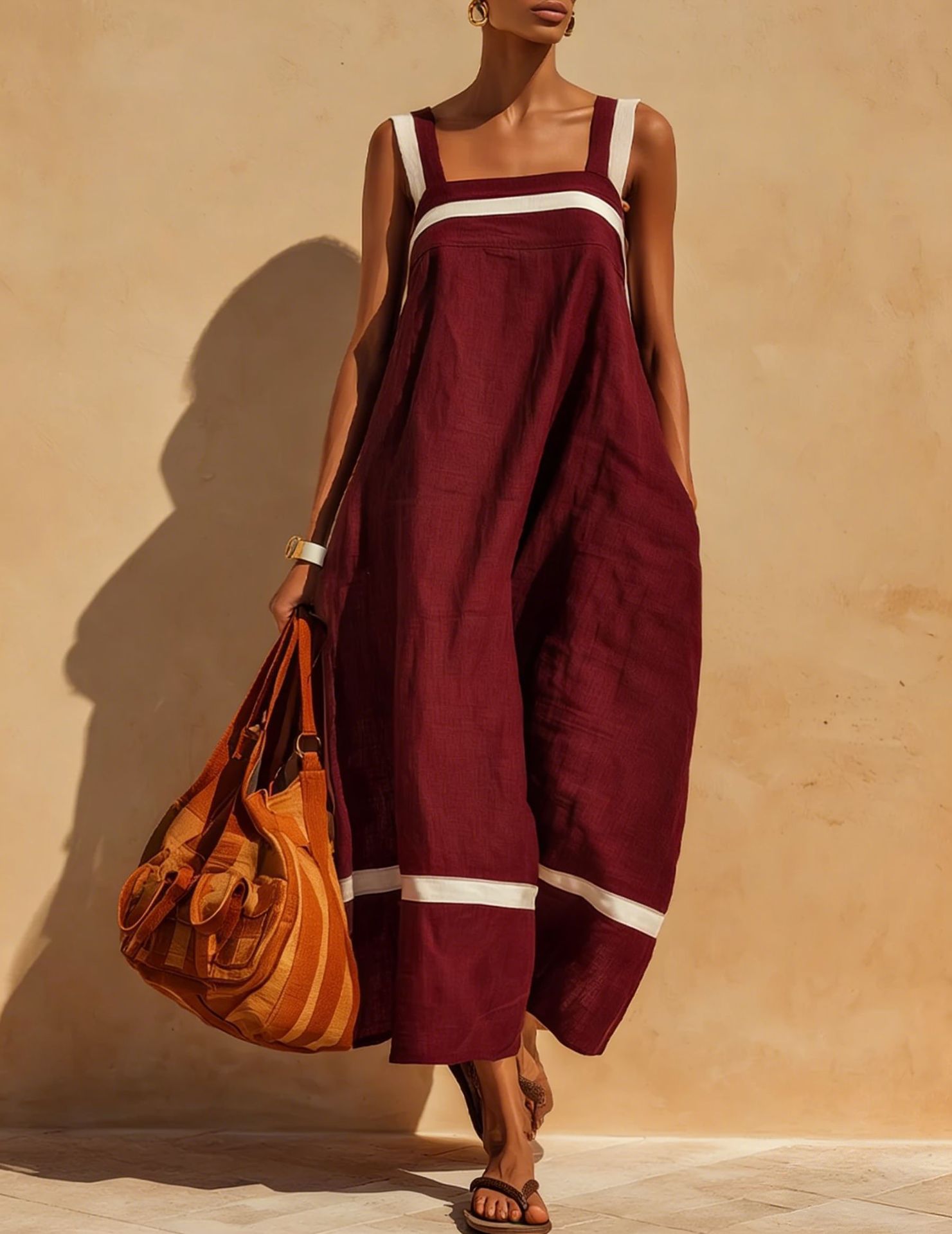Cotton-Linen Blend Square Neck Striped Colorblock Sleeveless Casual Dress