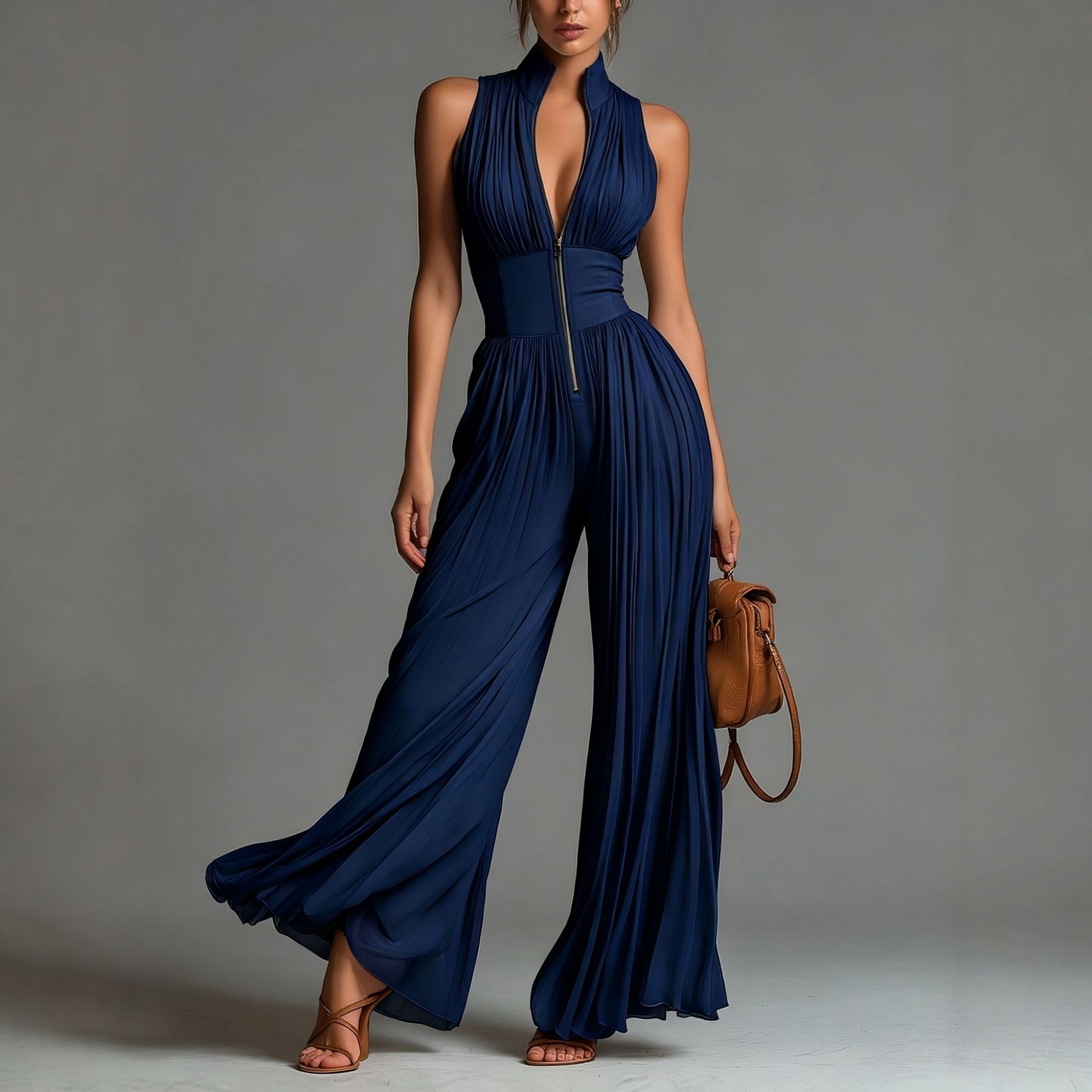 Women's Pleated Halter Wide-Leg Jumpsuit