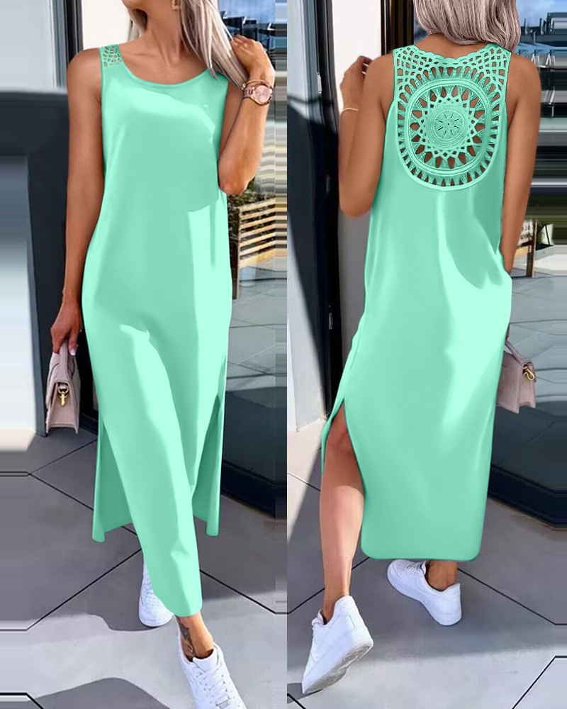 Solid Color Lace Hollow Out Slit Sleeveless Dress