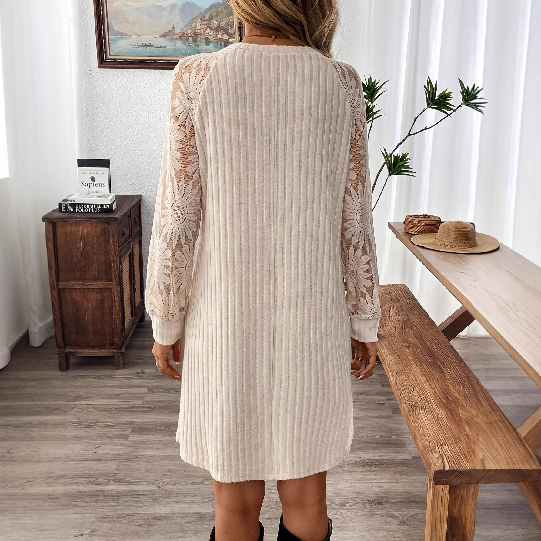 Solid Color Jacquard Spliced Long-Sleeve Midi Dress