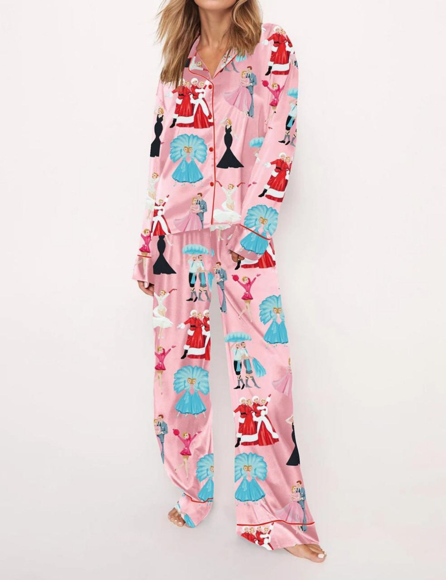 Christmas Tree Print Cuban Collar Long Sleeve Women's Set