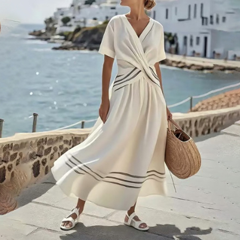 Women's Striped V-Neck A-Line Midi Dress Casual Loose Fit