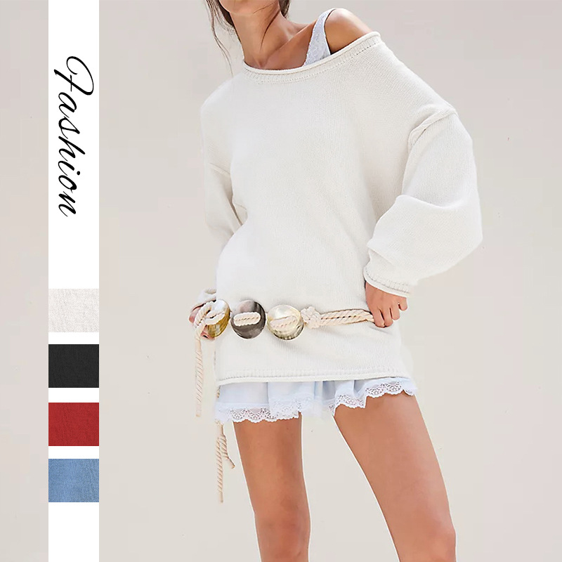 Women's Solid Crewneck Knit Pullover Sweater Loose Fit