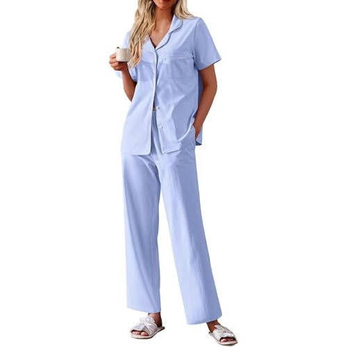 Women's Cuban Collar Short Sleeve Shirt and Pants Set