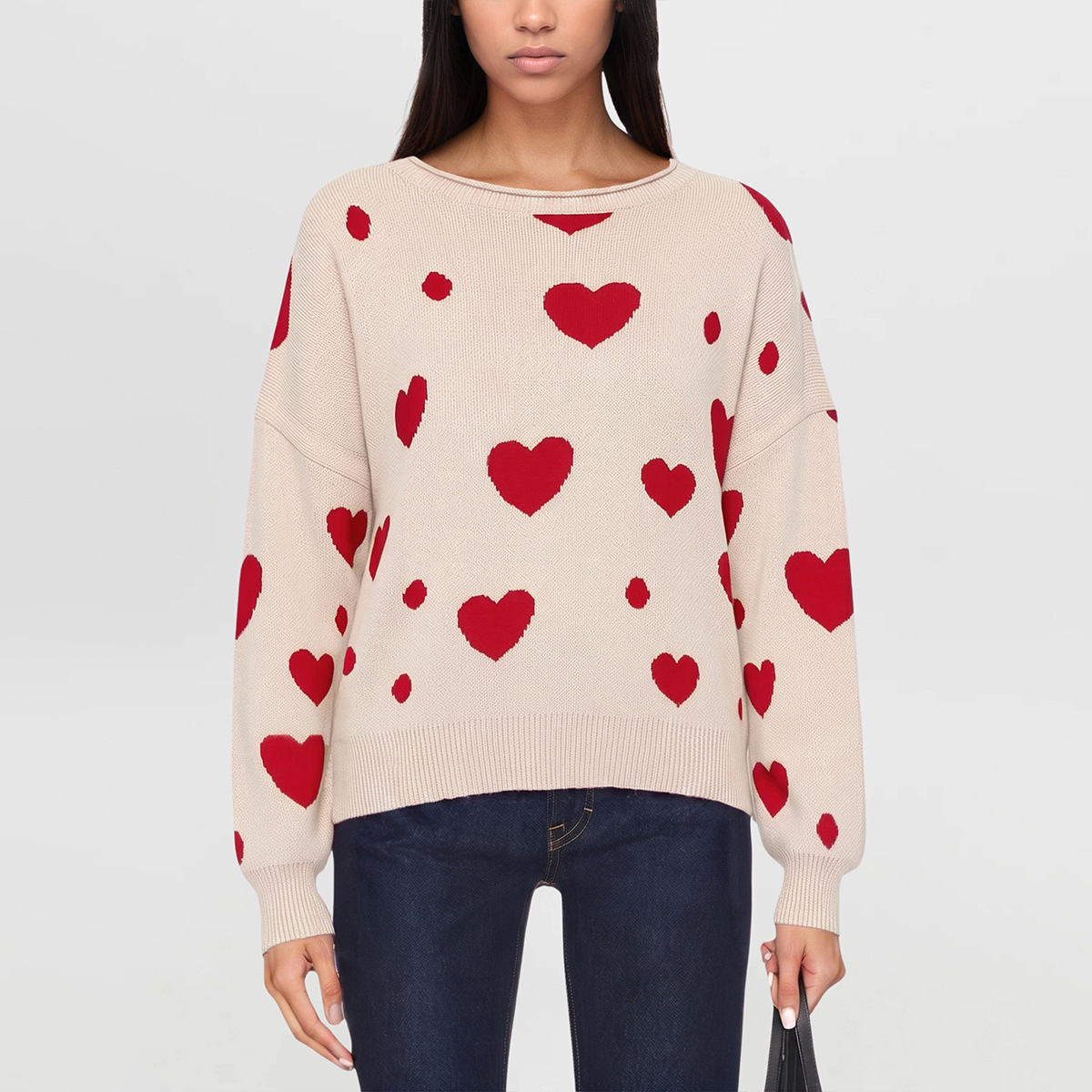 Heart Pattern Knit Sweater Women's Pullover Loose Fit Crew Neck Long Sleeve
