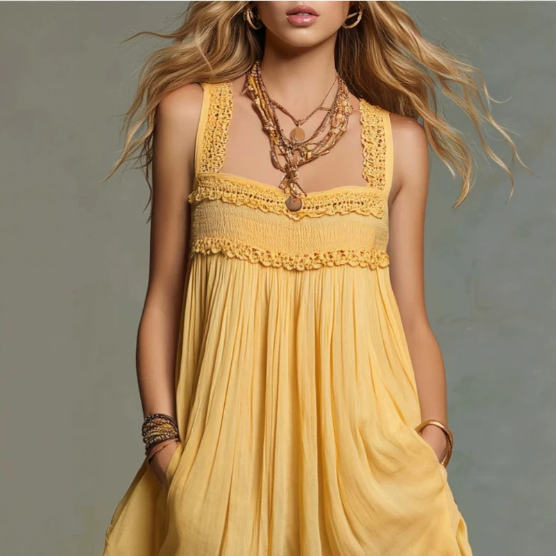 Bohemian Square Neck Sleeveless A-Line Mini Dress