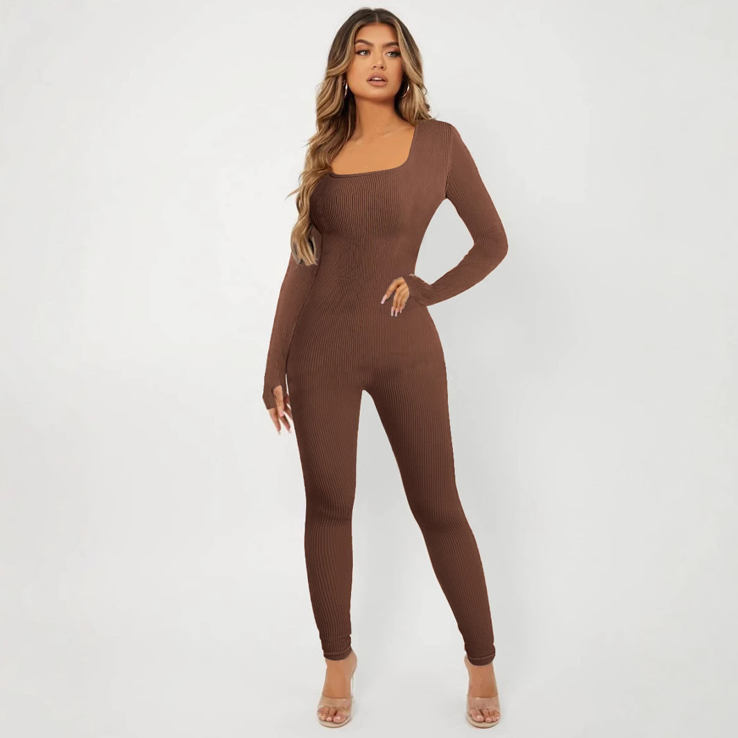 Women's Solid Color Long Sleeve Square Neck Bodysuit Jumpsuit with Butt Lifting