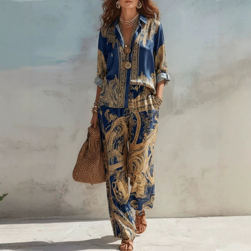 Women's Printed Long Sleeve Shirt & Wide-Leg Pants Set Casual Two-Piece