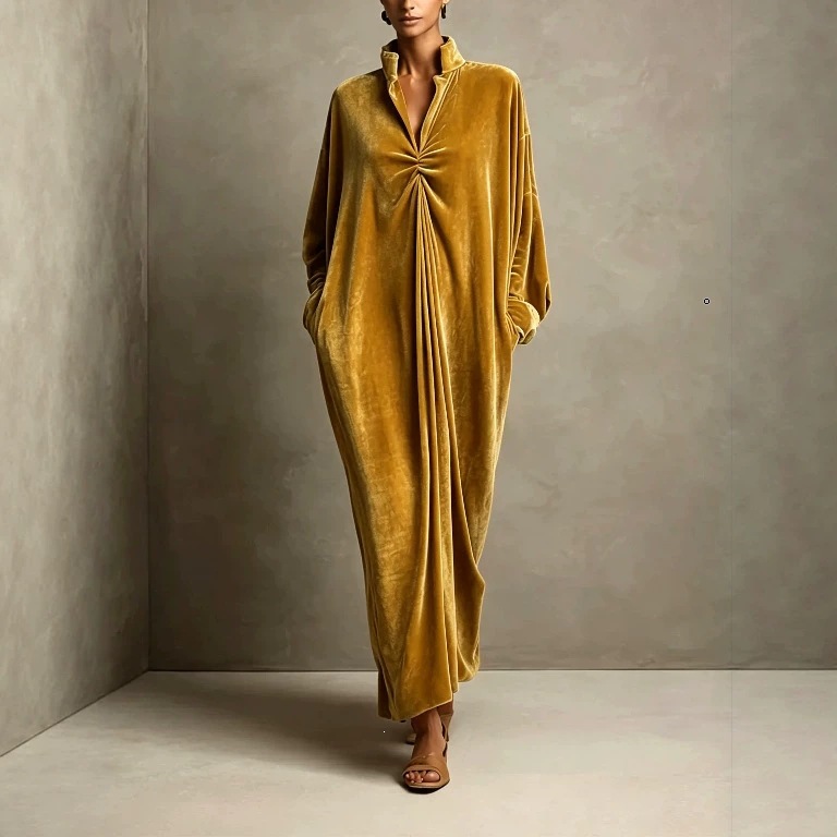 Stand Collar Velvet Long Dress with Twist Knot Detail