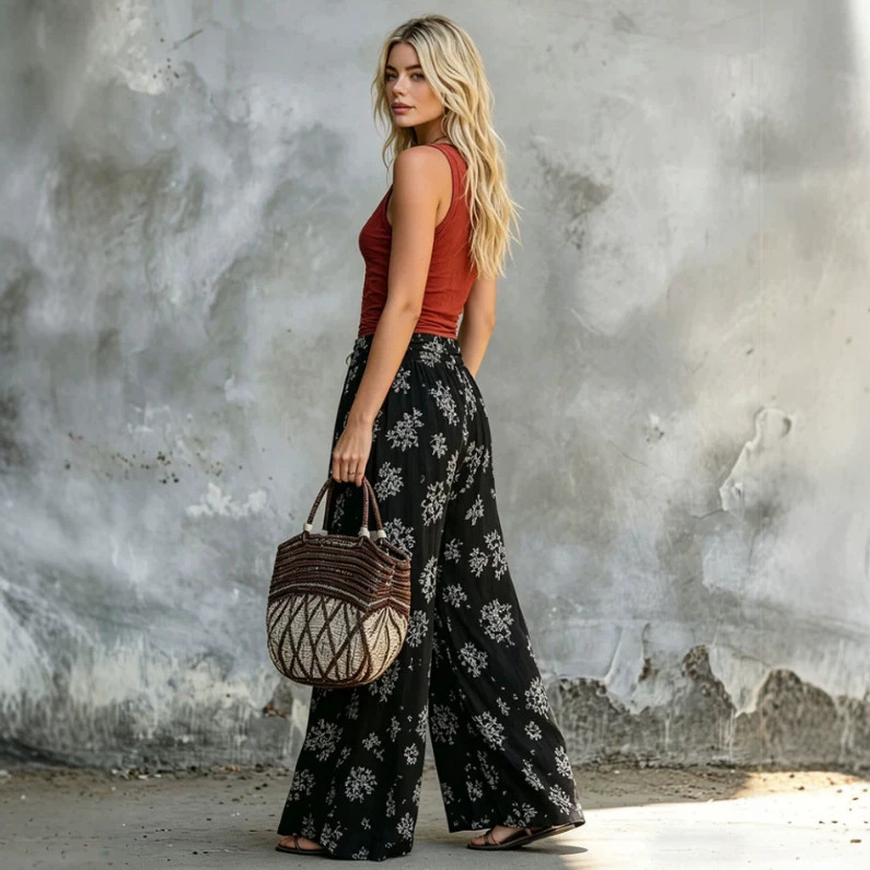 Brick Red Sleeveless Top and Black Floral Chiffon Wide-Leg Pants Set