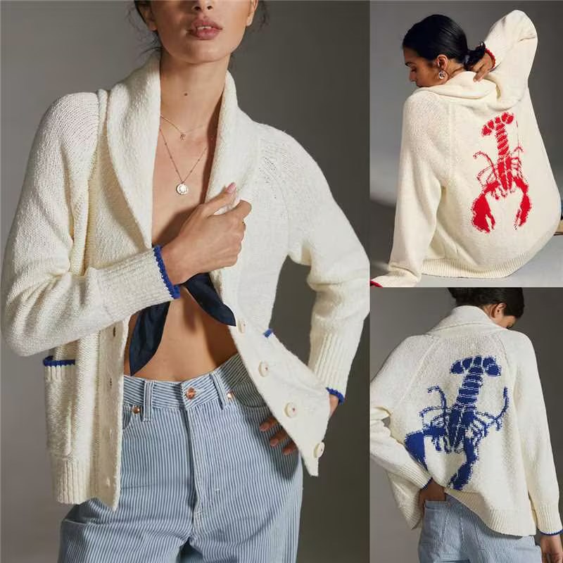 Lobster Embroidered Knit Cardigan with Suit Collar