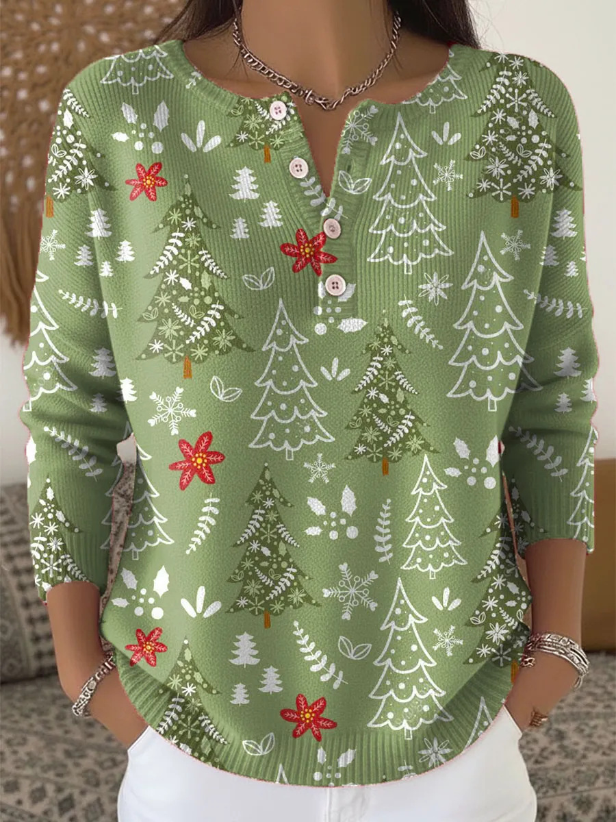 Women's Christmas Tree Floral Print Button Sweatshirt