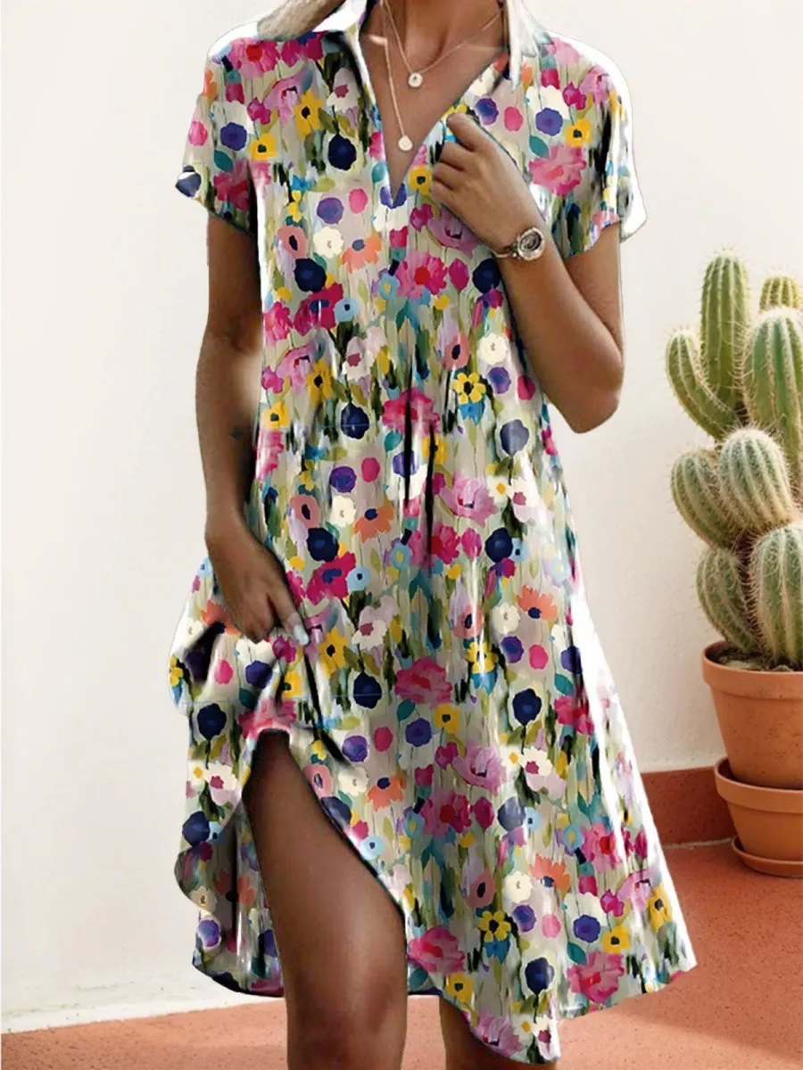 Women's Floral Print Casual Midi Dress Short Sleeve Deep V-Neck Slim Fit