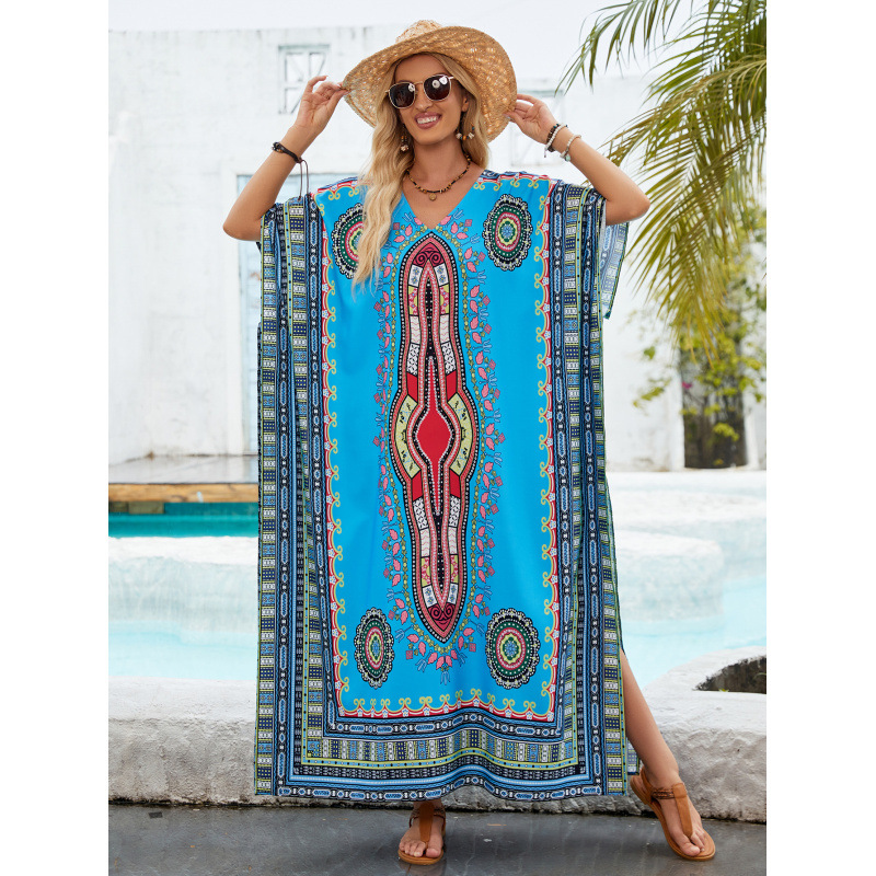 Printed Long Sleeve V-Neck Beach Cover-Up Dress