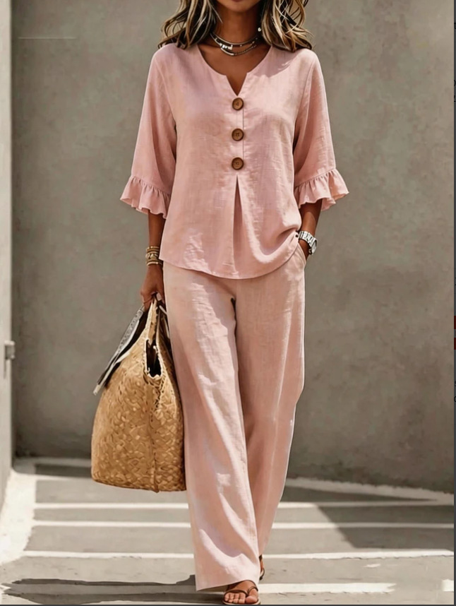 Women's V-Neck Ruffle Button 3/4 Sleeve Top and Pants Set