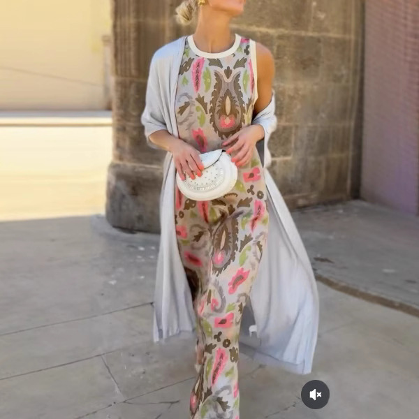Women's Printed Two-Piece Dress Set with Cape, Round Neck A-Line Midi