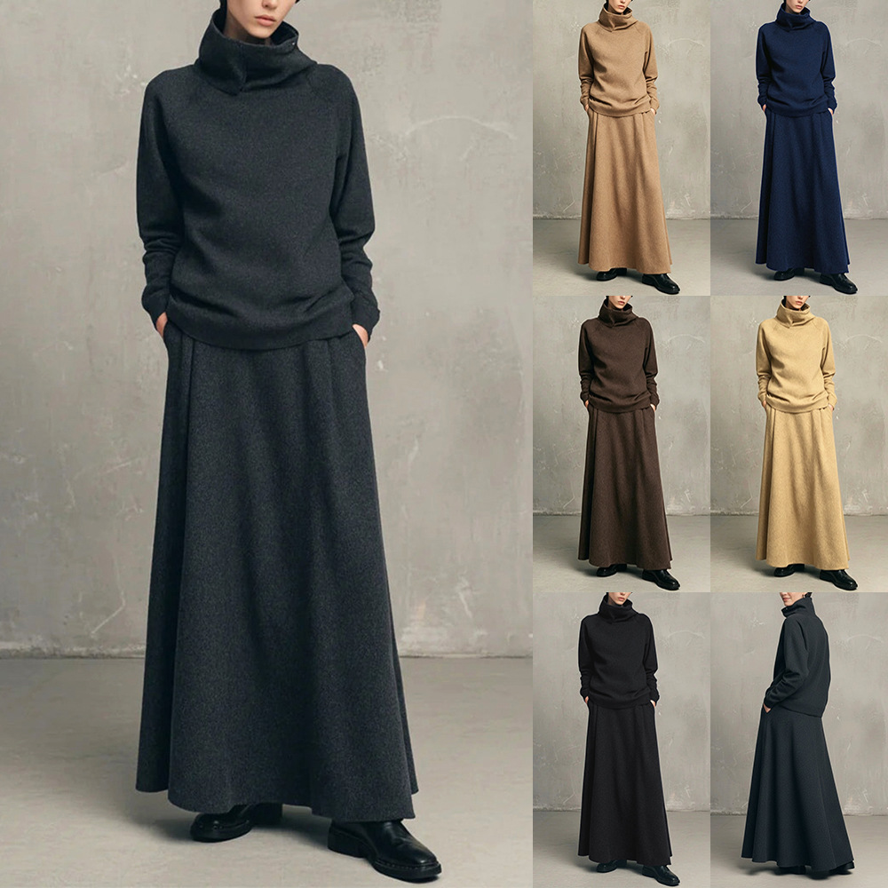 Women's Two-Piece Fleece-Lined Turtleneck Sweatshirt and Midi Skirt Set