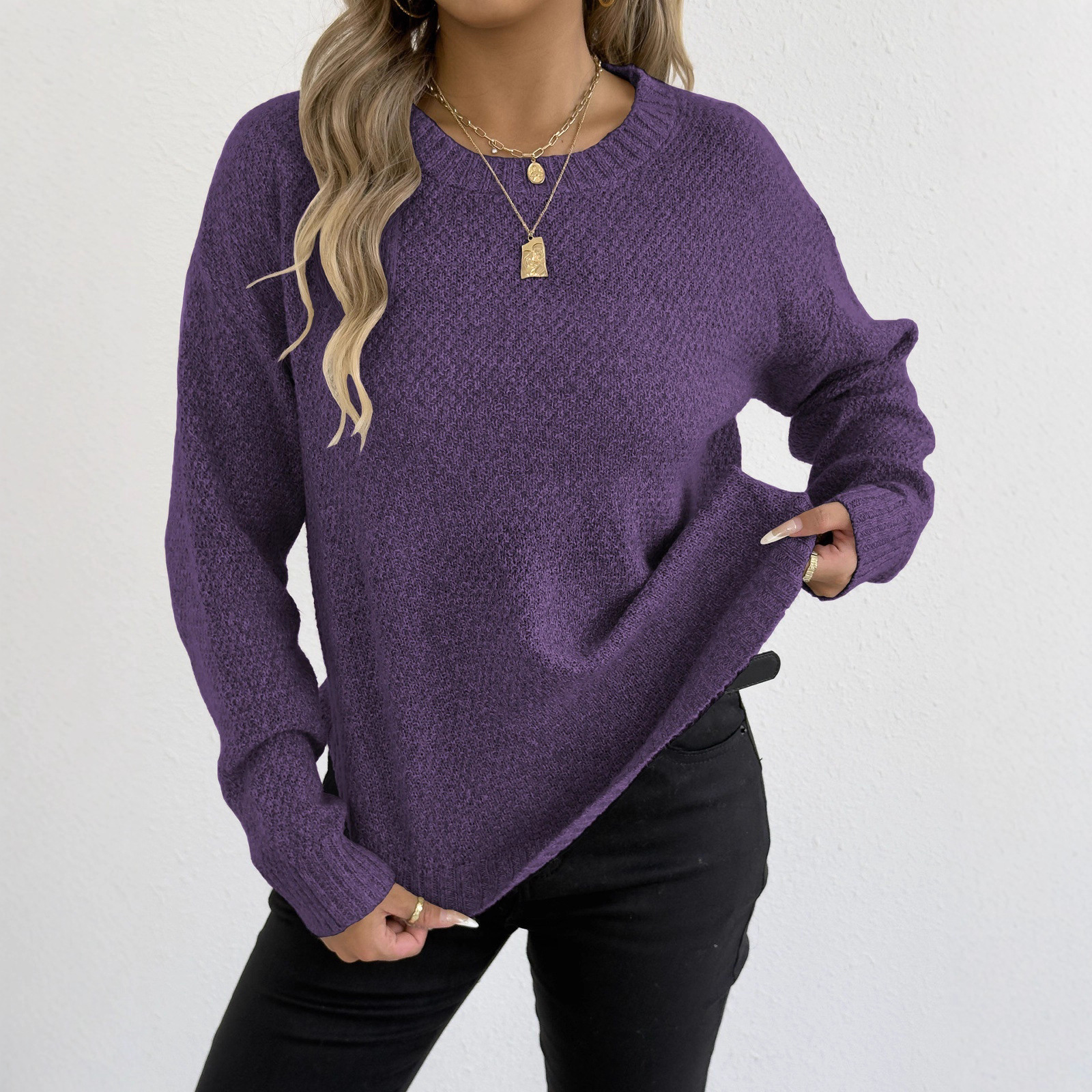 Women's Marled Knit Pullover Sweater Crew Neck Casual Top