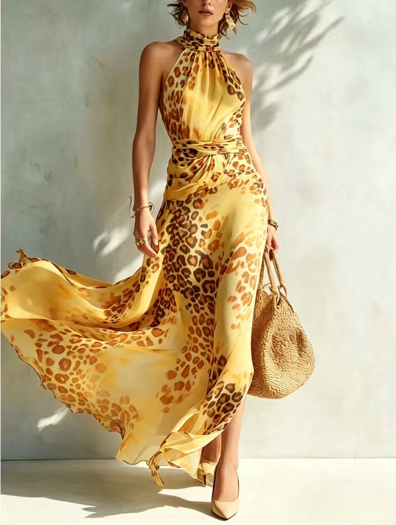 Sleeveless Halter Neck Leopard Print A-Line Maxi Dress