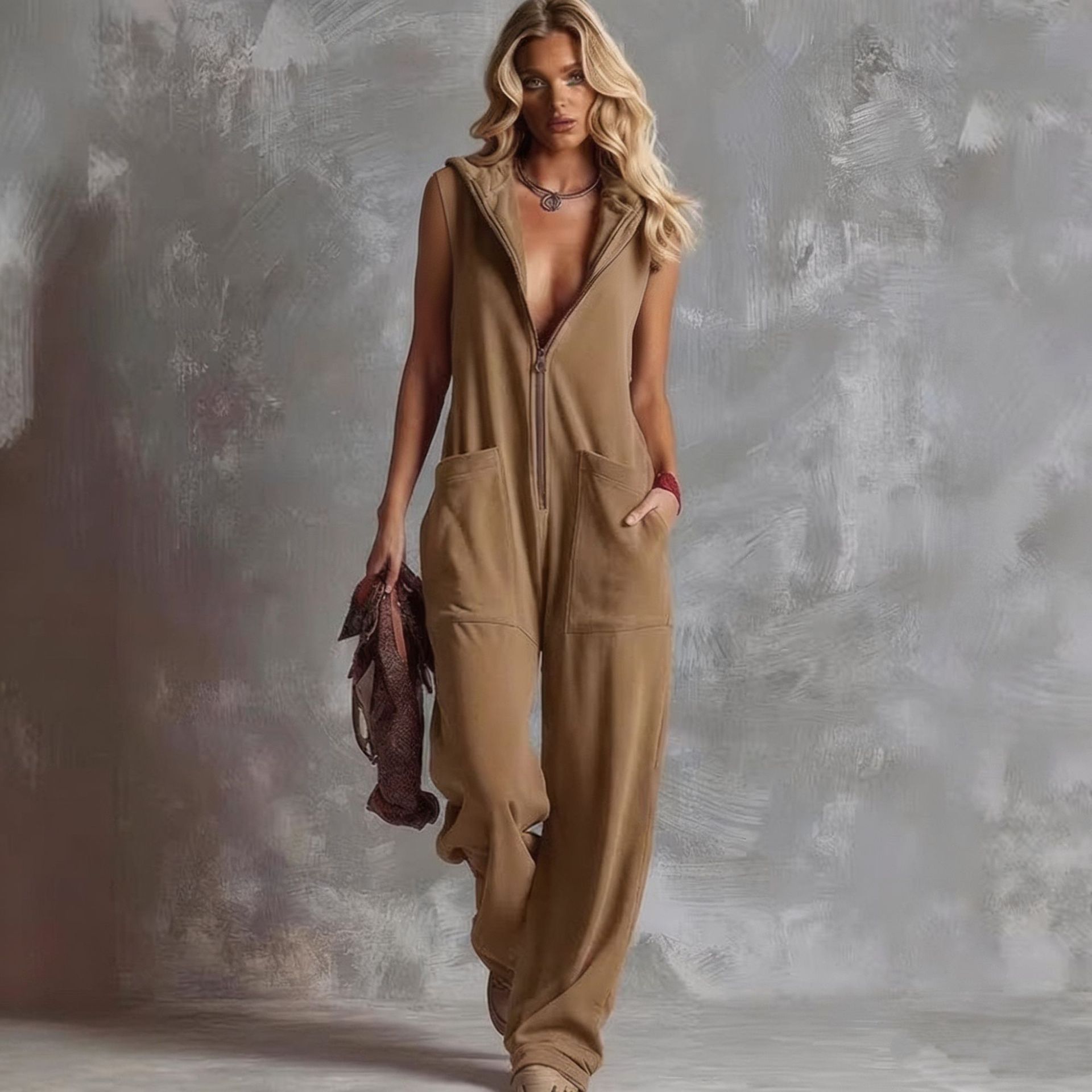 Women's Vintage Hooded V-Neck Zip Jumpsuit