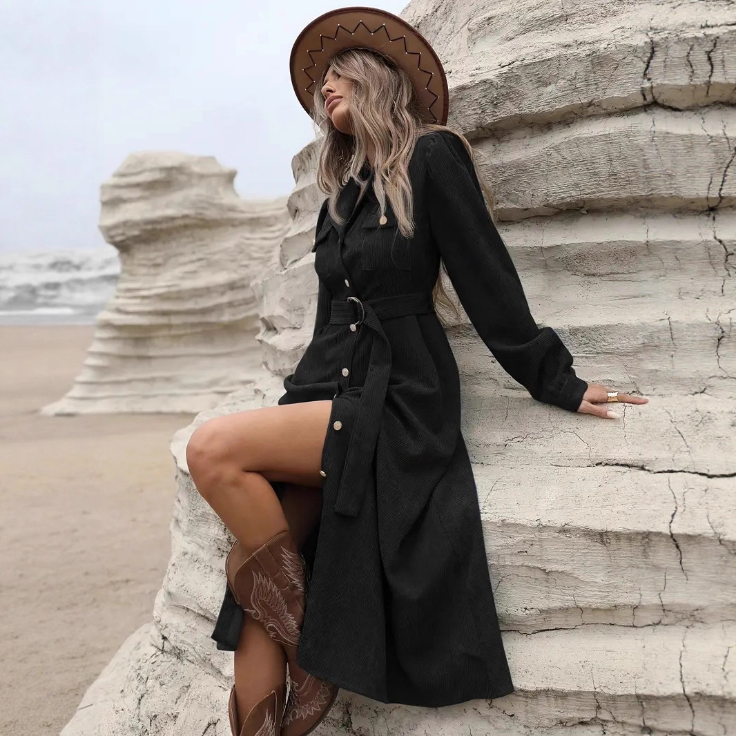 Corduroy Shirt Dress with Belt and Flap Pockets