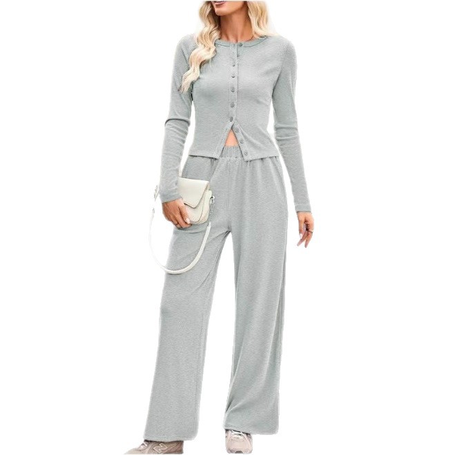 Women's Ribbed Long Sleeve Button Top and Wide Leg Pants Set