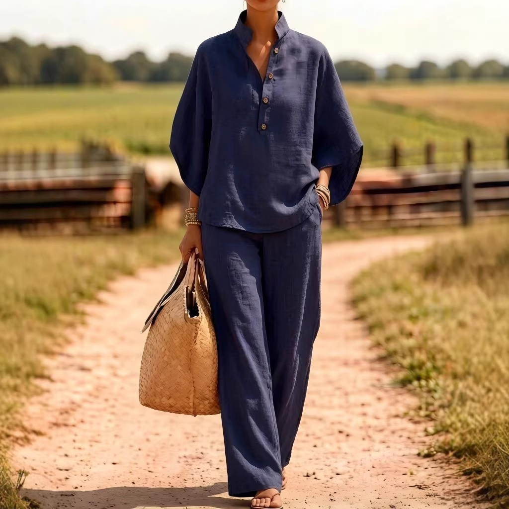 Women's Linen Blend Button Shirt and Wide-Leg Pants Two-Piece Set