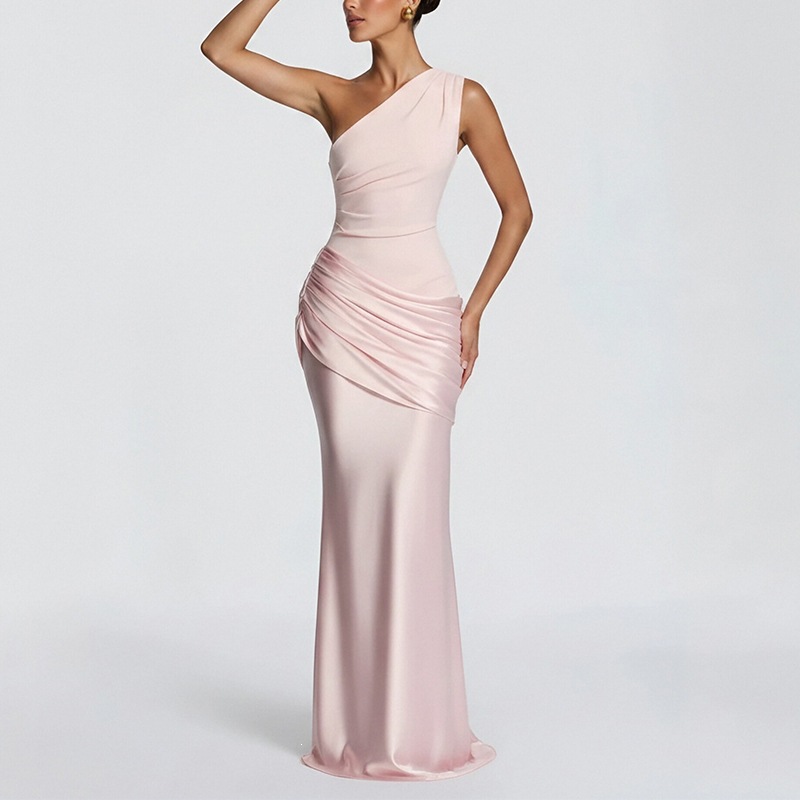 Women's One-Shoulder Bodycon Midi Dress Ruched Elegant Party Dress