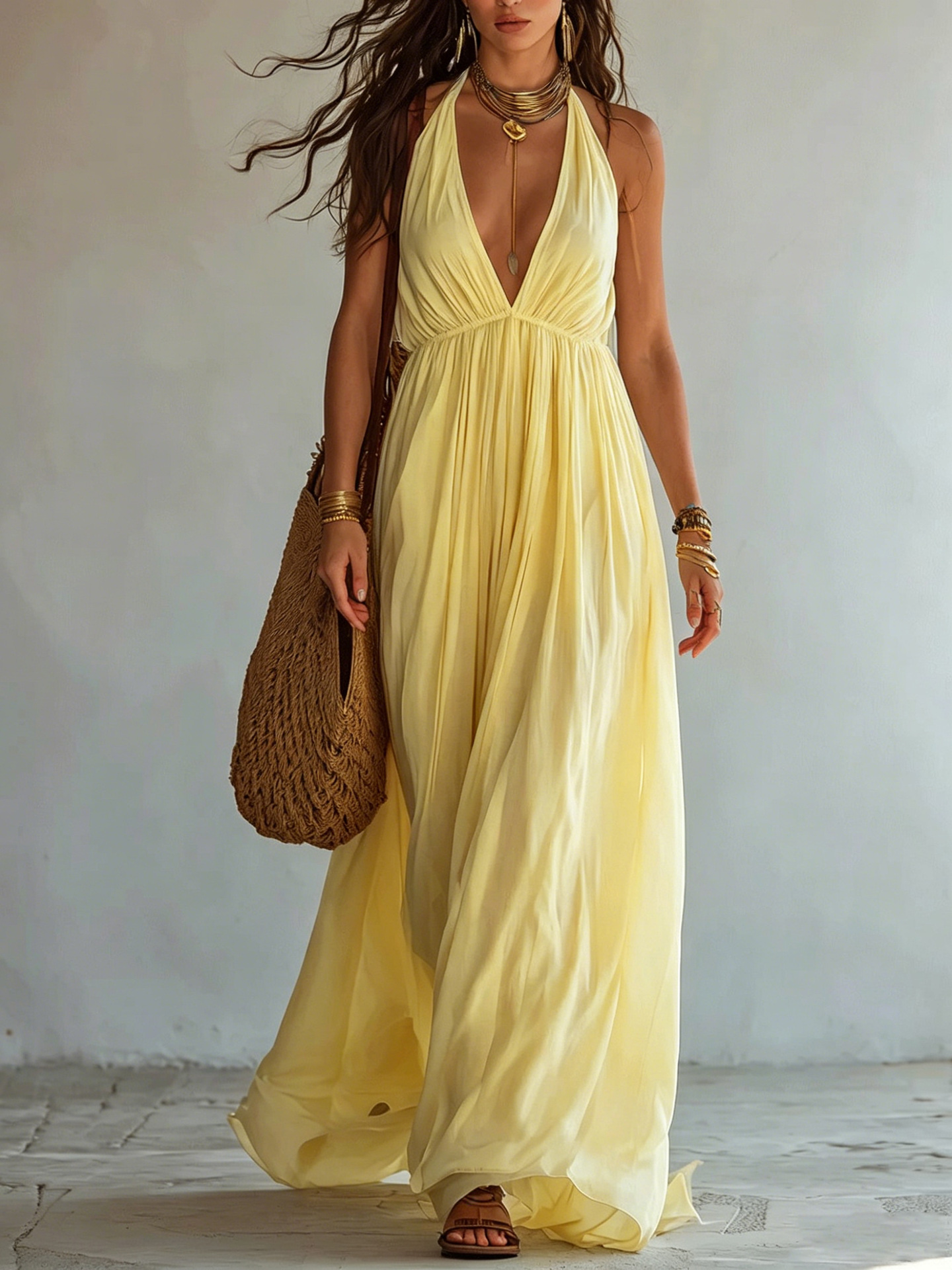 Women's Deep V-Neck Pleated Halter Open-Back Long Evening Dress