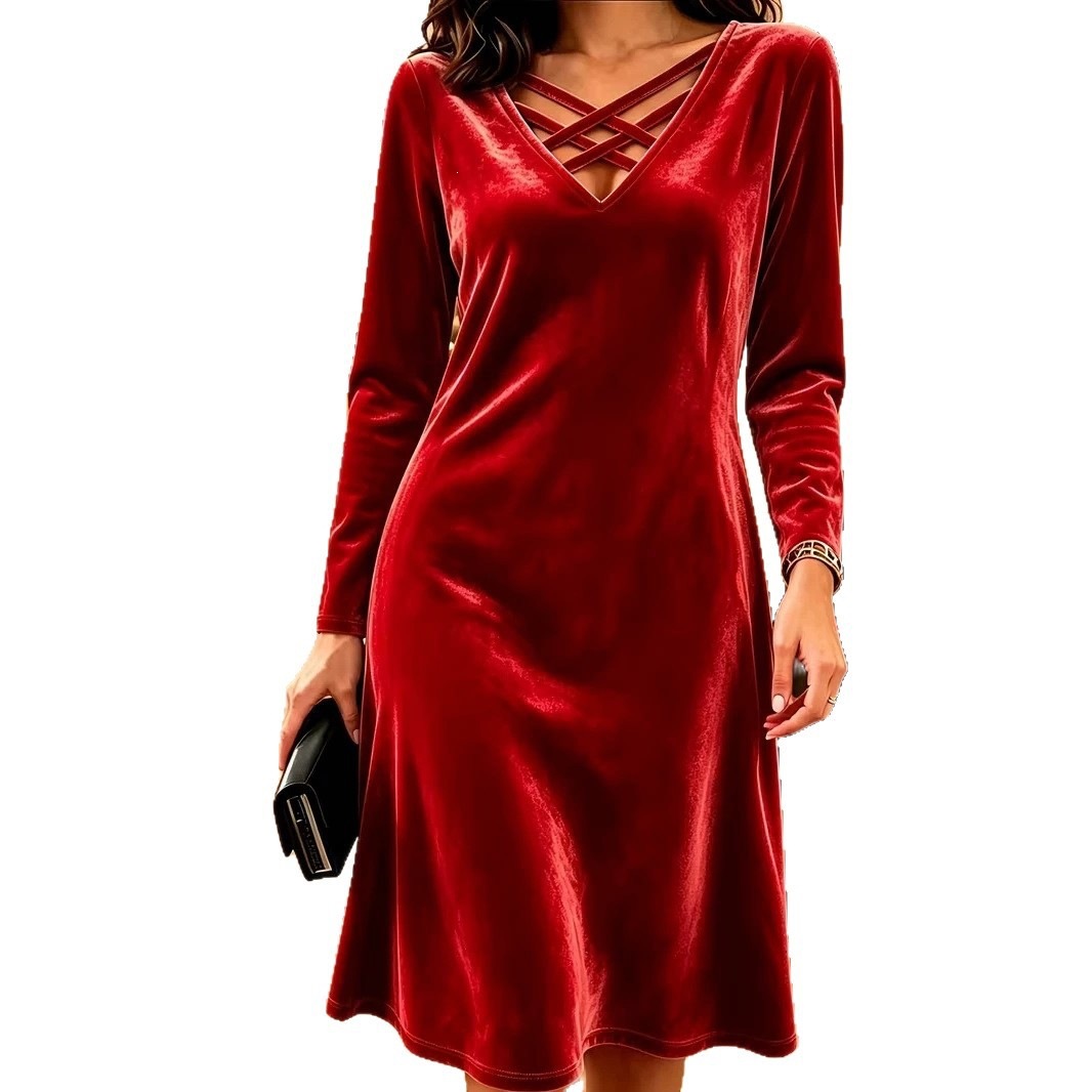 Gold Velvet Cross V-Neck Long Sleeve Midi Dress
