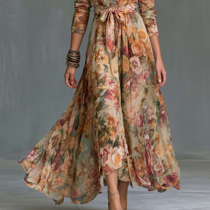 Women's Long Sleeve Floral Print A-Line Dress with Polo Collar and Tie Belt