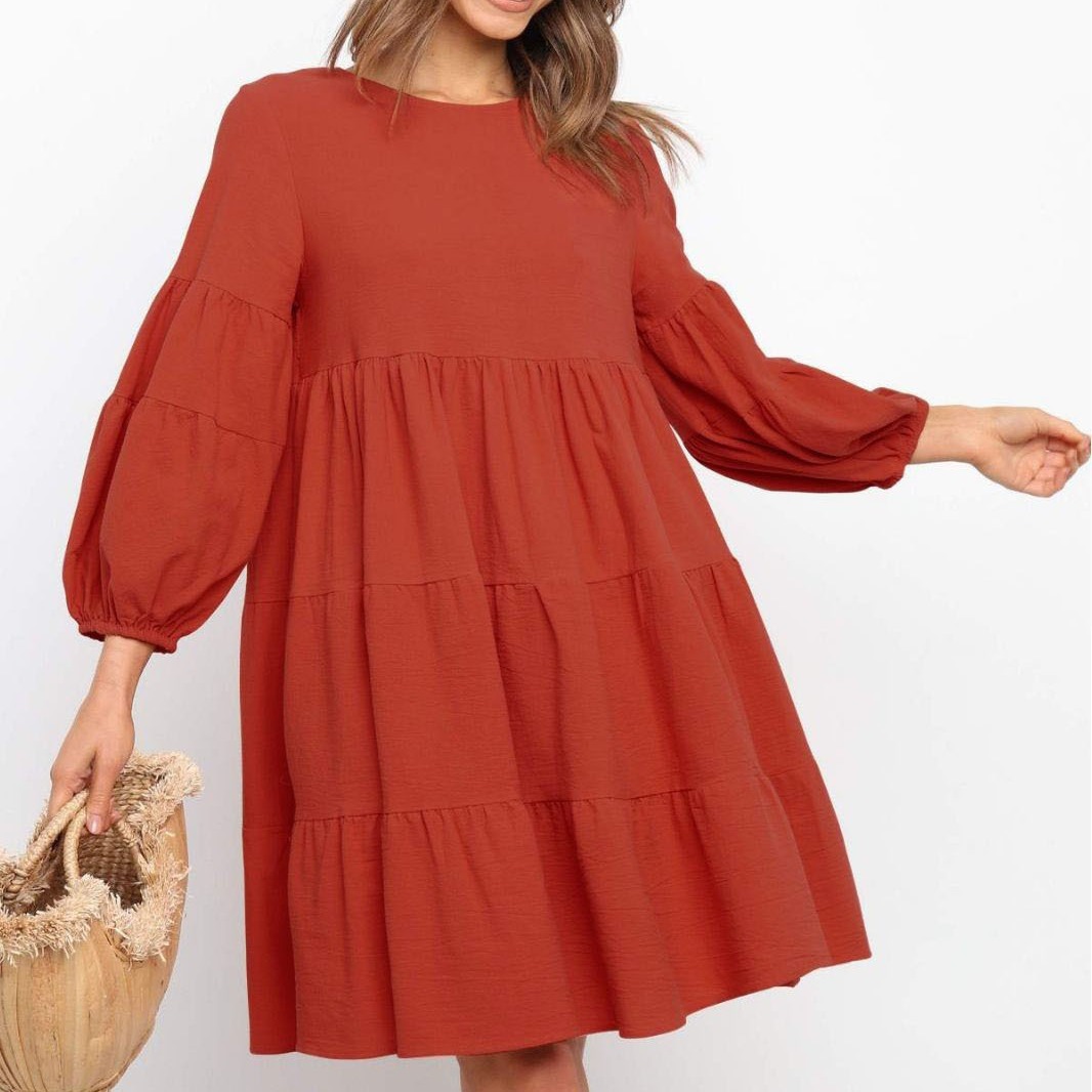 Women's Cotton-Linen Lantern Sleeve Patchwork Loose Flared Midi Dress