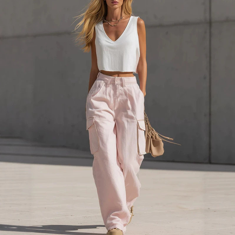 White Tank Top and Pink Cargo Pants Cotton Set