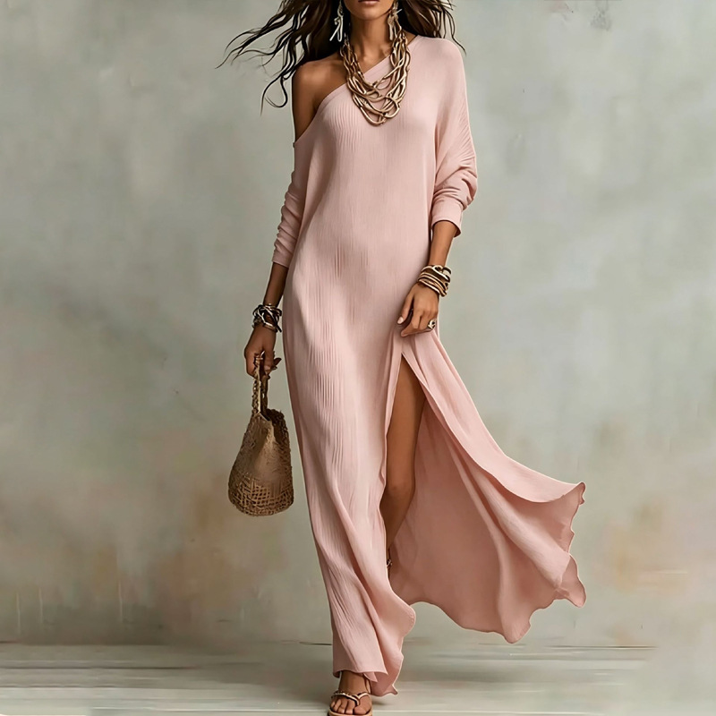 Women's Summer French Casual Slim Fit Solid One-Shoulder Slit Dress