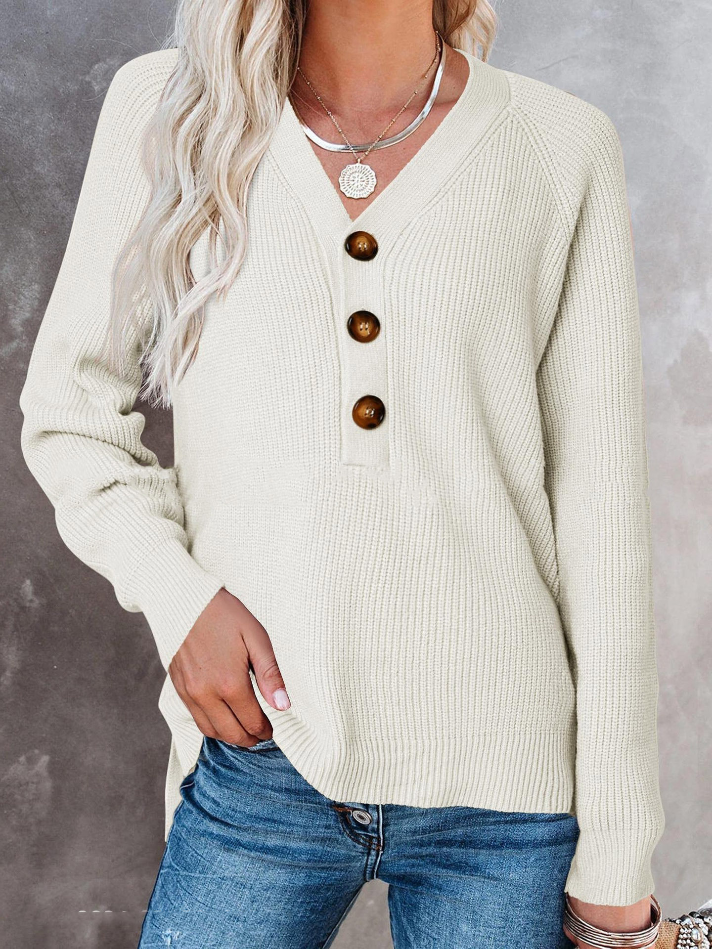 Button-Front V-Neck Knit Sweater for Women, Cotton Blend, Loose Fit, Long Sleeve