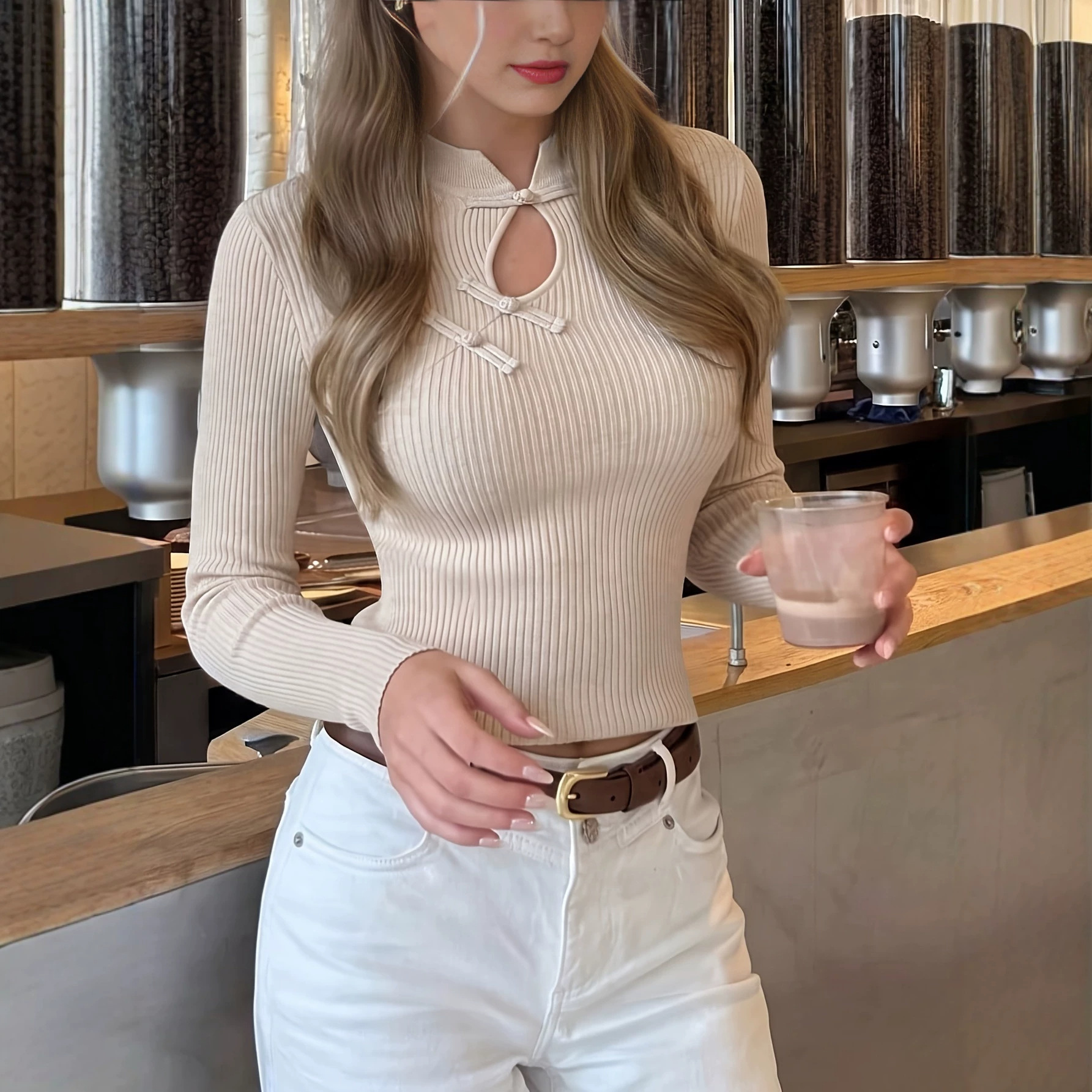 Stand Collar Button Knit Top Long Sleeve Slim Fit Chinese Style
